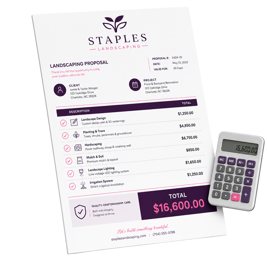 Staples Landscaping estimate sheet with itemized pricing and project total
